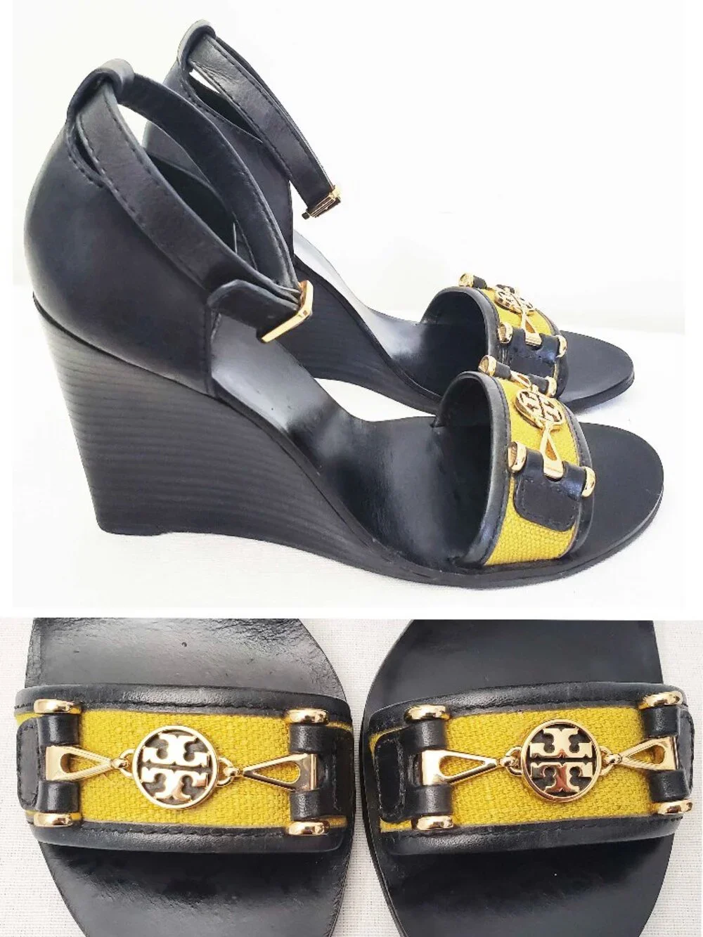 Tory Burch Women's Daria Navy Leather  Wedges Sandals Yellow Accent Gold Logo